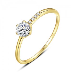 Classic Six-claw Bling Cubic Zirconia Gold Plated Women Wedding 925 Sterling Silver Ring