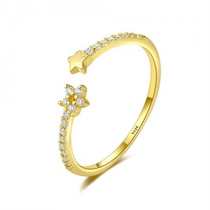 Simple Style Stars Open-end Design Cubic Zirconia Gold Plated Women 925 Sterling Silver Ring