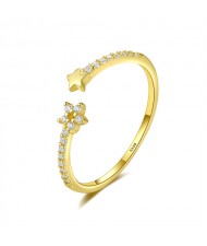 Simple Style Stars Open-end Design Cubic Zirconia Gold Plated Women 925 Sterling Silver Ring