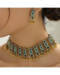Middle East Vintage Fashion Rhinestone Embellished Multiple Layers Wholesale Costume Necklace and Earrings Set - Green