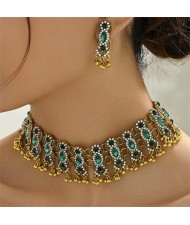 Middle East Vintage Fashion Rhinestone Embellished Multiple Layers Wholesale Costume Necklace and Earrings Set - Green