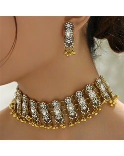 Middle East Vintage Fashion Rhinestone Embellished Multiple Layers Wholesale Costume Necklace and Earrings Set - White