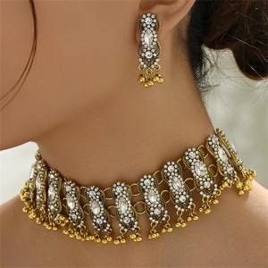 Middle East Vintage Fashion Rhinestone Embellished Multiple Layers Wholesale Costume Necklace and Earrings Set - White