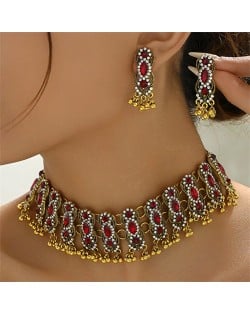 Middle East Vintage Fashion Rhinestone Embellished Multiple Layers Wholesale Costume Necklace and Earrings Set - Red