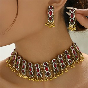 Middle East Vintage Fashion Rhinestone Embellished Multiple Layers Wholesale Costume Necklace and Earrings Set - Red