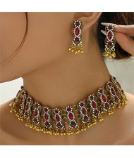 Middle East Vintage Fashion Rhinestone Embellished Multiple Layers Wholesale Costume Necklace and Earrings Set - Red