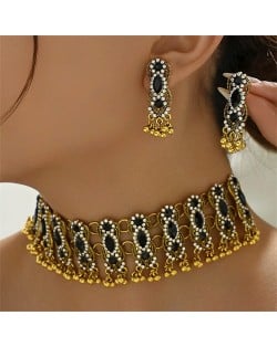 Middle East Vintage Fashion Rhinestone Embellished Multiple Layers Wholesale Costume Necklace and Earrings Set - Black