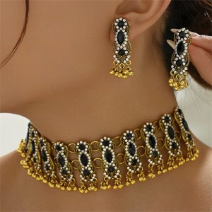 Middle East Vintage Fashion Rhinestone Embellished Multiple Layers Wholesale Costume Necklace and Earrings Set - Black
