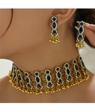 Middle East Vintage Fashion Rhinestone Embellished Multiple Layers Wholesale Costume Necklace and Earrings Set - Black
