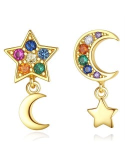 Moon and Star Asymmetric Design Multicolor Cubic Zirconia Wholesale Fashion 925 Sterling Silver Earrings