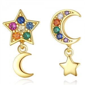 Moon and Star Asymmetric Design Multicolor Cubic Zirconia Wholesale Fashion 925 Sterling Silver Earrings