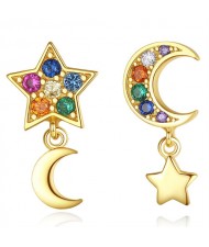 Moon and Star Asymmetric Design Multicolor Cubic Zirconia Wholesale Fashion 925 Sterling Silver Earrings