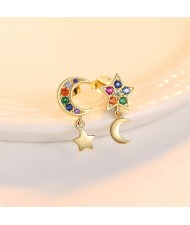 Moon and Star Asymmetric Design Multicolor Cubic Zirconia Wholesale Fashion 925 Sterling Silver Earrings