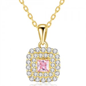 Romantci Pink Full Cubic Zirconia Square Pendant Wholesale Women Wedding Jewelry 925 Sterling Silver Necklace