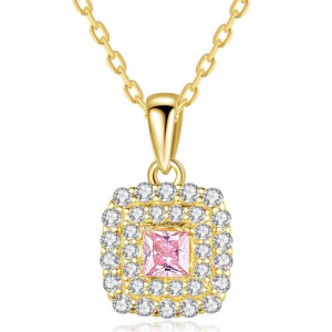 Romantci Pink Full Cubic Zirconia Square Pendant Wholesale Women Wedding Jewelry 925 Sterling Silver Necklace