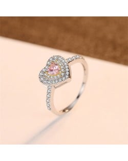 Classic Pink Peach Heart Bling Full Cubic Zirconia Women 925 Sterling Silver Wedding Ring