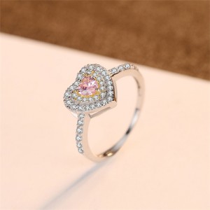 Classic Pink Peach Heart Bling Full Cubic Zirconia Women 925 Sterling Silver Wedding Ring