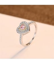 Classic Pink Peach Heart Bling Full Cubic Zirconia Women 925 Sterling Silver Wedding Ring