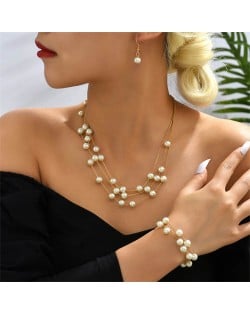 Pearl Fashion Graceful Triple Layers Wholesale Necklace and Bracelets Jewelry Set