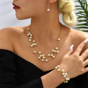 Pearl Fashion Graceful Triple Layers Wholesale Necklace and Bracelets Jewelry Set