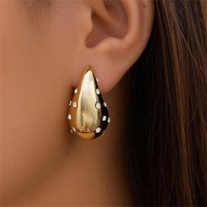 Popular Water Drop Design Rhinestone Decorated Alloy Fashion Wholesale Women Costume Earrings - Golden