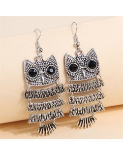 High Fashion Night Owl Wholesale Women Dangle Costume Earrings - Vintage Silver