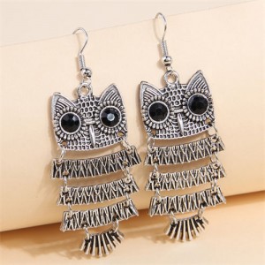 High Fashion Night Owl Wholesale Women Dangle Costume Earrings - Vintage Silver
