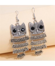 High Fashion Night Owl Wholesale Women Dangle Costume Earrings - Vintage Silver