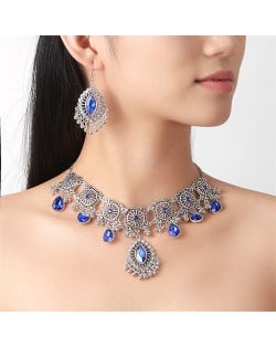 Graceful Glass Inlaid Middle East Royal Fashion Wholesale Necklace and Dangle Earrings Jewelry Set - Blue