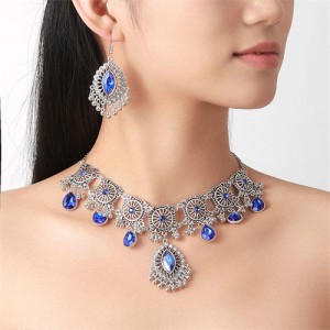 Graceful Glass Inlaid Middle East Royal Fashion Wholesale Necklace and Dangle Earrings Jewelry Set - Blue