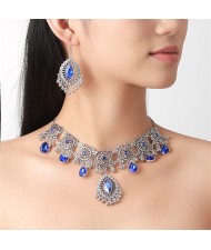 Graceful Glass Inlaid Middle East Royal Fashion Wholesale Necklace and Dangle Earrings Jewelry Set - Blue