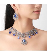 Graceful Glass Inlaid Middle East Royal Fashion Wholesale Necklace and Dangle Earrings Jewelry Set - Blue