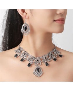 Graceful Glass Inlaid Middle East Royal Fashion Wholesale Necklace and Dangle Earrings Jewelry Set - Black