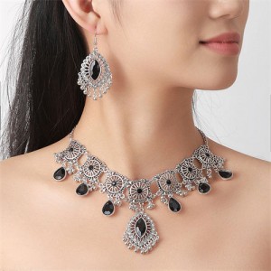 Graceful Glass Inlaid Middle East Royal Fashion Wholesale Necklace and Dangle Earrings Jewelry Set - Black