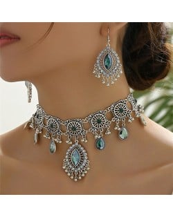 Graceful Glass Inlaid Middle East Royal Fashion Wholesale Necklace and Dangle Earrings Jewelry Set - Green
