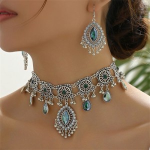 Graceful Glass Inlaid Middle East Royal Fashion Wholesale Necklace and Dangle Earrings Jewelry Set - Green
