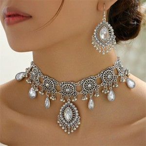 Graceful Glass Inlaid Middle East Royal Fashion Wholesale Necklace and Dangle Earrings Jewelry Set - White