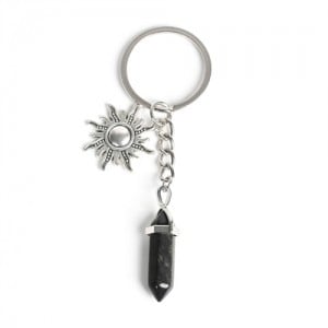 Obsidian Black Crystal Pillar Energy Stone Sun Design Car Pendant Key Chain Wholesale Healing Crystal Bag Charm