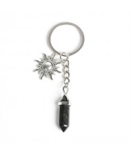 Obsidian Black Crystal Pillar Energy Stone Sun Design Car Pendant Key Chain Wholesale Healing Crystal Bag Charm