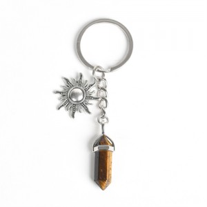 Tiger-eye Pillar Energy Stone Sun Design Car Pendant Key Chain Wholesale Healing Crystal Bag Charm