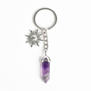 Amethyst Pillar Energy Stone Sun Design Car Pendant Key Chain Wholesale Purple Healing Crystal Bag Charm