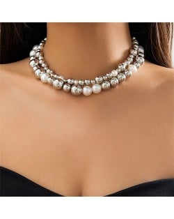 Punk Style Exaggerated Fashion Wholesale Pearl and Silver Color Beads Combo Women Double-strand Necklace