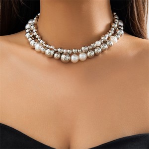 Punk Style Exaggerated Fashion Wholesale Pearl and Silver Color Beads Combo Women Double-strand Necklace