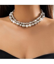 Punk Style Exaggerated Fashion Wholesale Pearl and Silver Color Beads Combo Women Double-strand Necklace