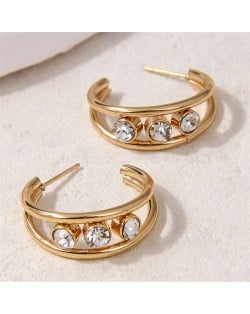 Shining Hiphop Fashion Golden Semi-hoop Wholesale Women Stainless Steel Stud Earrings