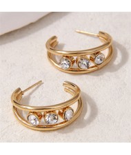 Shining Hiphop Fashion Golden Semi-hoop Wholesale Women Stainless Steel Stud Earrings