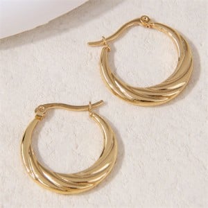 U.S. High Fashion Golden Floral Engraving Hoop Wholesale Women Stainless Steel Huggie Earrings