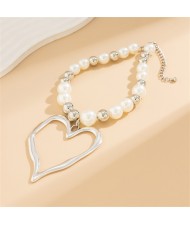 Vintage Style Big Heart Pendant Wholesale Fashion Pearl and Silver Color Beads Combo Women Necklace - Silver