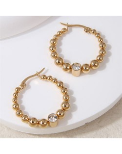 Rhinestone Engraved Golden Balls Hoop Wholesale Women Stainless Steel Huggie Earrings