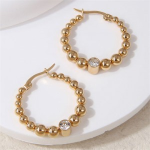 Rhinestone Engraved Golden Balls Hoop Wholesale Women Stainless Steel Huggie Earrings